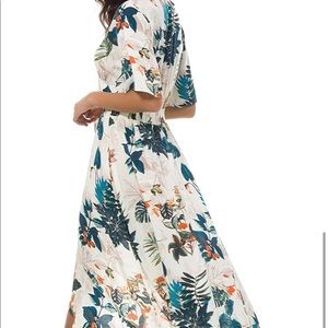 Kormei Womens Short Sleeve Floral High Low V-Neck Flowy Party Dress